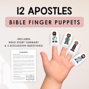 May include: A hand wearing four Bible finger puppets labeled Jesus, Peter, Thomas, and Philip. The puppets are white with cartoon illustrations of the apostles. The image includes text that reads "12 Apostles Bible Finger Puppets" and "Includes Bible Story Summary & 3 Discussion Questions!"