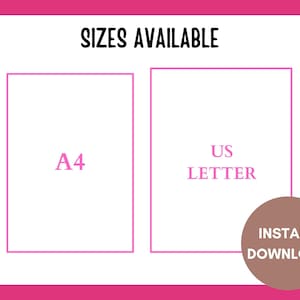 K&ouml;nnte beinhalten: Eine wei&szlig;e Grafik mit rosa Text, der "SIZES AVAILABLE" sagt, mit zwei K&auml;stchen darunter. Das K&auml;stchen links sagt "A4" und das K&auml;stchen rechts sagt "US LETTER". Es gibt einen braunen Kreis mit wei&szlig;em Text, der "INSTANT DOWNLOAD" sagt.