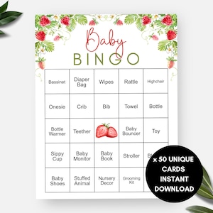 Erdbeer-Babyparty-Bingo, 50 Aquarell-Erdbeer-Thema-Bingokarten, geschlechtsneutrales vorgefülltes Baby-Bingo, Beeren-Süße Babypartyparty