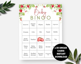 Strawberry Baby Shower Bingo, 50 Watercolor Strawberry Theme Bingo Cards, Gender Neutral Prefilled Baby Bingo, Berry Sweet Baby Shower Party