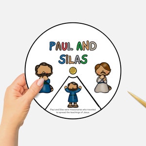 Puede incluir: Una actividad artesanal imprimible con Pablo y Silas, dos misioneros que viajaron para difundir las enseñanzas de Jesús. La actividad incluye un círculo con las palabras "Pablo y Silas" e ilustraciones de los dos hombres rezando.