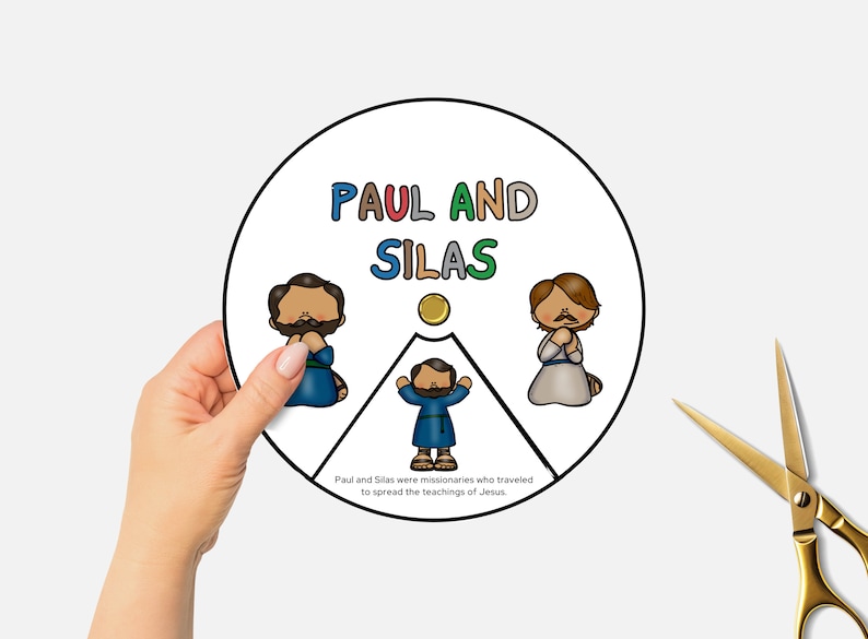 Pode incluir: Uma atividade artesanal imprim&iacute;vel com Paulo e Silas, dois mission&aacute;rios que viajaram para espalhar os ensinamentos de Jesus. A atividade inclui um c&iacute;rculo com as palavras "Paulo e Silas" e ilustra&ccedil;&otilde;es dos dois homens rezando.