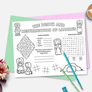 The Death and Resurrection of Lazarus, Printable Bible Activity Placemat, Sunday School, Kids Bible Study, Bible Story, Homeschool Activity
