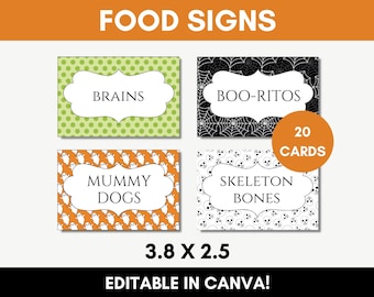 Halloween Food Tent Cards Printable, Spooky Food Place Cards, Halloween Party Favors, Candy Signs, Food Label Template, Editable in Canva