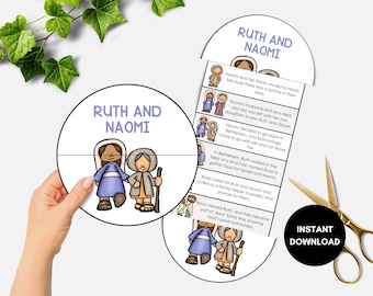 May include: A circular educational printable titled "Ruth and Naomi" with illustrations of the biblical figures. The image includes a hand holding the printable, along with gold scissors and a black "Instant Download" sticker.