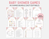 Pink Baby Shower Game Bundle, 40 Floral Baby Shower Games, Girl Baby Bingo, Trivia, Name That Baby Song, Charades, Who Knows Mommy Best