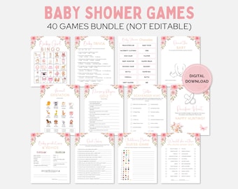 Pink Baby Shower Game Bundle, 40 Floral Baby Shower Games, Girl Baby Bingo, Trivia, Name That Baby Song, Charades, Who Knows Mommy Best