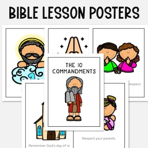 May include: A collection of Bible lesson posters with cartoon illustrations. The posters feature images of religious figures, hands in prayer, and children. One poster reads "THE 10 COMMANDMENTS". The text "BIBLE LESSON POSTERS" is at the top.