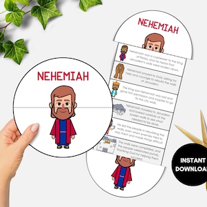 May include: A circular educational craft featuring the name "NEHEMIAH" and an illustrated character. The craft unfolds to reveal a story about Nehemiah, with text and illustrations. A pair of gold scissors and a black "INSTANT DOWNLOAD" sticker are also visible.
