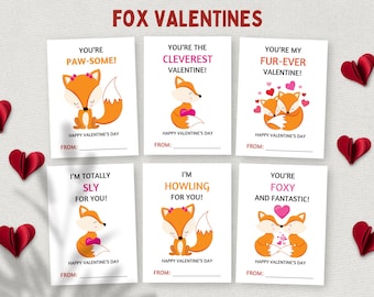Fox Valentine, Printable Classroom Valentines, Student Gift Tags, Kids School Valentines Cards, Preschool Toddler Valentines
