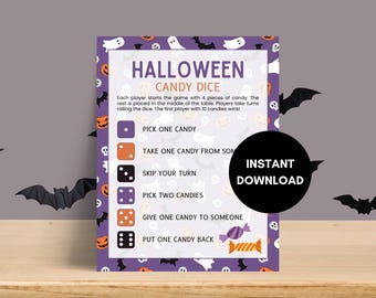 Halloween Dice Game, Candy Dice, Fun Halloween Party Game for Kids, Teens, Tweens and Adults, Classroom Printable Dice Roll Activity
