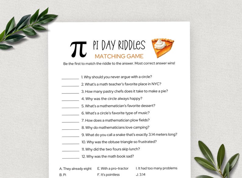 Pi Riddes Chart Pi Day Riddles Matching Game, Fun Pi Day Activity for Kids and Adults ...