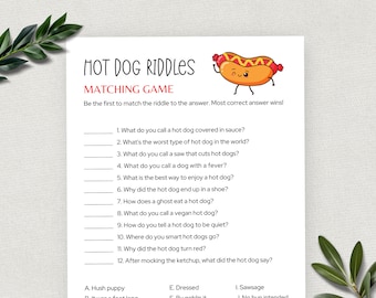 Acertijos de perritos calientes, divertido juego de fiesta temático de perritos calientes para niños y adultos, actividad de verano de barbacoa, mes de perritos calientes, chistes de perritos calientes, hot diggity dog