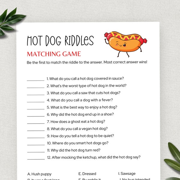 Hot Dog Riddles, Fun Hot Dog Theme Party Game for Kids and Adults, Barbeque Summer Activity, Hot Dog Month, Hot Dog Jokes, Hot Diggity Dog