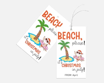 Etiquetas de regalo de Navidad en julio, Navidad tropical, Etiquetas imprimibles de Navidad en julio, Etiquetas de recuerdo de Papá Noel playero, Etiquetas de palmeras navideñas