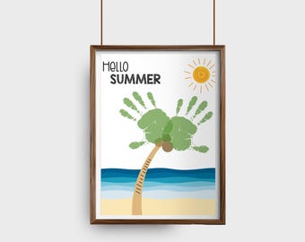Summer Handprint Art, Easy Palm Tree Handprint Craft, Toddler Baby Keepsake, June July August Kindergarten Daycare Printable Activity