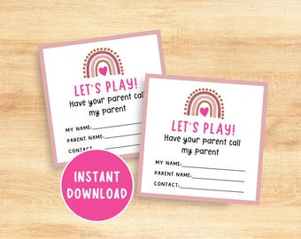 Tarjetas para citas de juego, tarjetas de presentación infantiles adorables, tarjetas de visita para niños con el lema "¡A jugar!", tarjeta de contacto para invitación a una cita de juego con amigos, descarga digital.