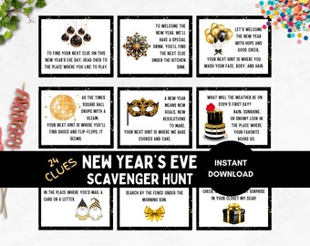 New Year's Eve Scavenger Hunt, Printable Indoor and Outdoor Treasure Hunt Clues, 2024 New Year Game for Kids, NYE Party, Digital Download