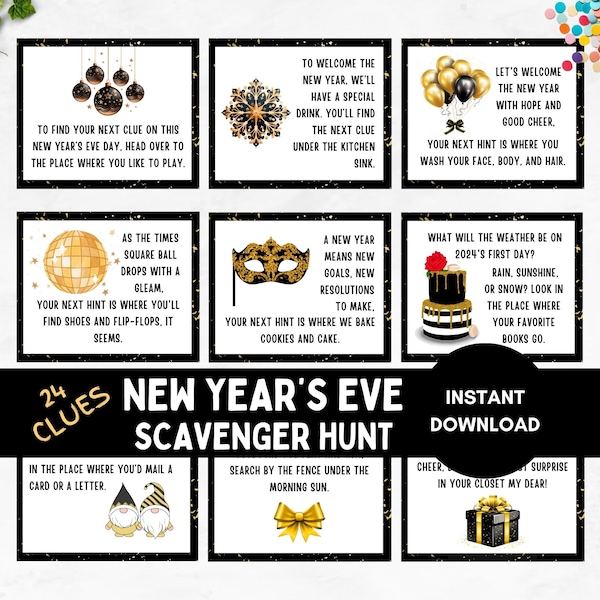 New Year's Eve Scavenger Hunt, Printable Indoor and Outdoor Treasure Hunt Clues, 2024 New Year Game for Kids, NYE Party, Digital Download
