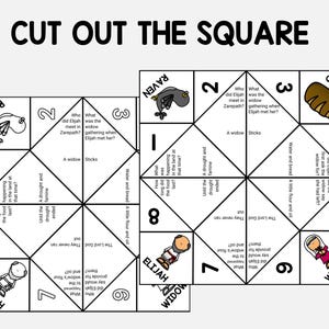 Puede incluir: Dos juegos de adivinanzas de papel con ilustraciones y texto. Uno presenta un cuervo, el otro un pan. El texto incluye preguntas y respuestas sobre El&iacute;as y una viuda. El t&iacute;tulo dice "Recorta el cuadrado."