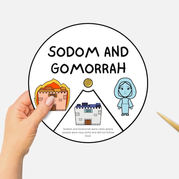 Sodoma y Gomorra, Rueda para colorear bíblica imprimible, Manualidad para la escuela dominical, Estudio bíblico para niños, Rueda giratoria con historias bíblicas, Educación cristiana en casa