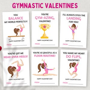 Ginástica Valentine, imprimível sala de aula Valentines, ginasta estudante etiquetas de presente, rosa crianças escola Valentines cartões, meninas Valentine
