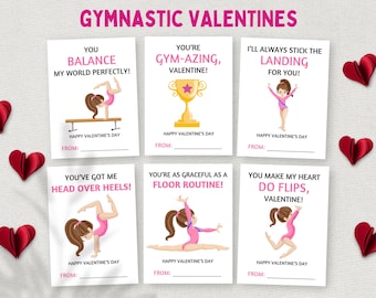 May include: Set of six Valentine's Day cards with gymnastics-themed illustrations. Each card features a gymnast in action, with phrases like "You Balance My World Perfectly!" and "You're Gym-azing, Valentine!" Red paper hearts are scattered around.