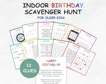 May include: A set of 12 colorful cards with different puzzles and games for a birthday scavenger hunt. The cards are labeled with "Clue #1" through "Clue #12". The text on the cards reads "Happy Birthday! Today's your day, it's all about you. A surprise awaits, something new. But here's the twist, a catch in the air, Clues to solve, if you dare. They're hidden around the house, Easy or tricky, like a mouse. Each one gets you near"