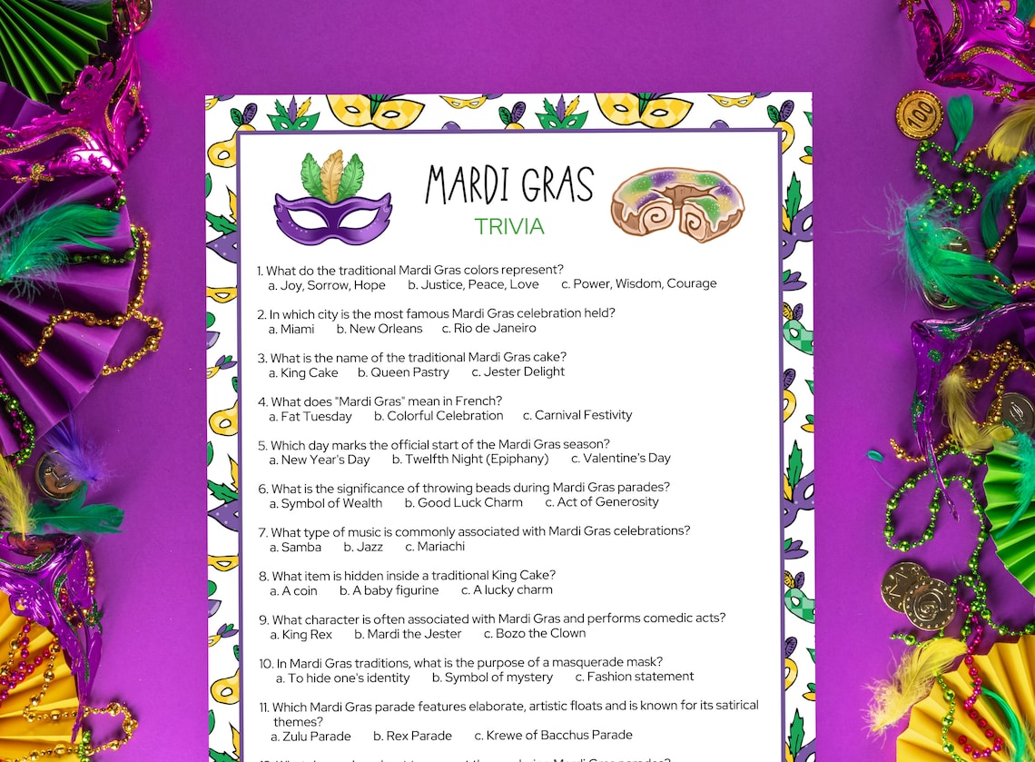 Mardi Gras Trivia, Fun Mardi Gras Printable Game for Kids and Adults ...