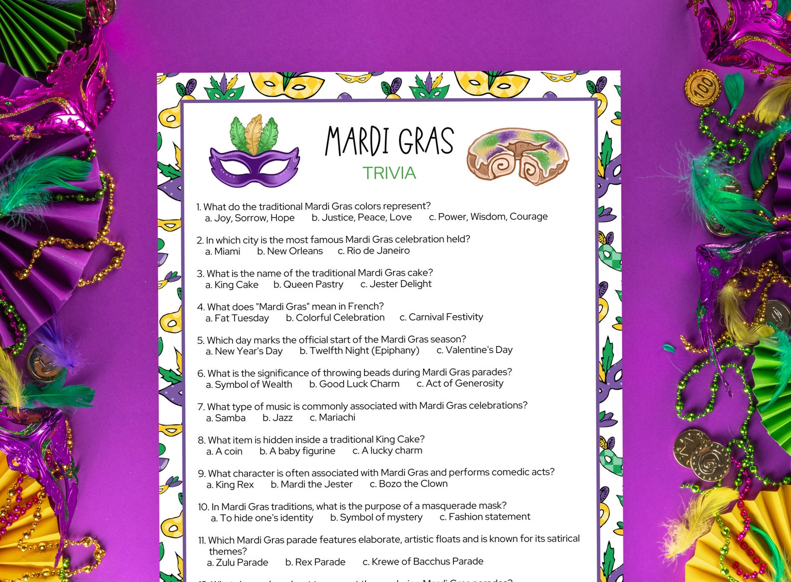 Mardi Gras Trivia, Fun Mardi Gras Printable Game for Kids and Adults ...