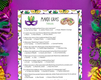 Mardi Gras Trivia, Fun Mardi Gras Printable Game for Kids and Adults, New Orleans Party, Fat Tuesday Activity, Trivia Questions