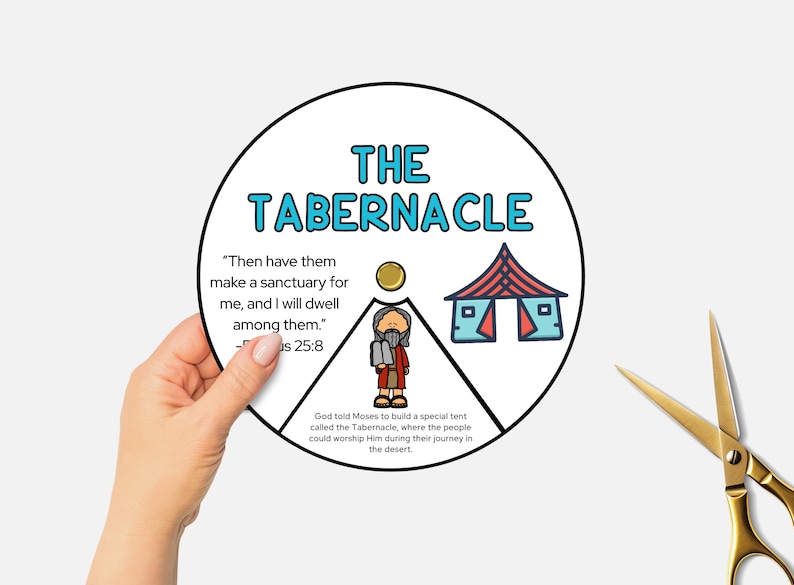 May include: A circular diagram with the text "THE TABERNACLE" in teal. The diagram is divided into sections with illustrations of a tent, a person, and a golden circle. Text from Exodus 25:8 is included.