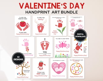 Manualidades de San Valentín con huellas de manos, recuerdos para guarderías, 12 diseños de huellas de manos para bebés y niños pequeños.