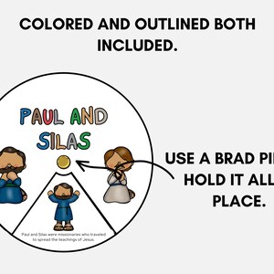 Pode incluir: Uma roda girat&oacute;ria colorida com tr&ecirc;s personagens, Paulo e Silas, e uma montanha. O texto "PAUL AND SILAS" est&aacute; escrito em letras coloridas. O texto "USE A BRAD PIN TO HOLD IT ALL IN PLACE." est&aacute; escrito em texto preto. O texto "Paulo e Silas foram mission&aacute;rios que viajaram para espalhar os ensinamentos de Jesus." est&aacute; escrito em texto preto.