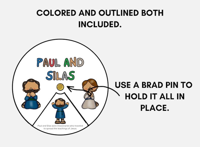 Pode incluir: Uma roda girat&oacute;ria colorida com tr&ecirc;s personagens, Paulo e Silas, e uma montanha. O texto "PAUL AND SILAS" est&aacute; escrito em letras coloridas. O texto "USE A BRAD PIN TO HOLD IT ALL IN PLACE." est&aacute; escrito em texto preto. O texto "Paulo e Silas foram mission&aacute;rios que viajaram para espalhar os ensinamentos de Jesus." est&aacute; escrito em texto preto.