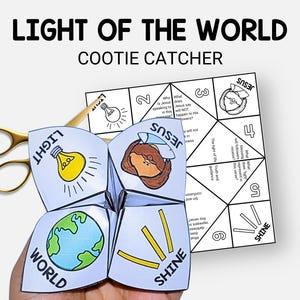 May include: A paper cootie catcher titled Light of the World with illustrations of a lightbulb, a globe, and Jesus. The paper features text including Light, World, Shine, and Jesus. A pair of gold scissors is positioned behind the paper craft.