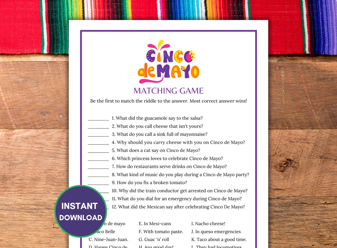 Cinco De Mayo Riddles, Fun Matching Game for Kids & Adults, Printable