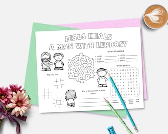 Jesús sana a un leproso, milagros de Jesús, mantel individual imprimible con historia bíblica, escuela dominical, educación cristiana en casa, hoja de actividades para niños