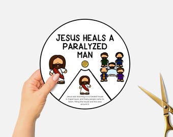 Jesus Heals a Paralyzed Man, Miracles of Jesus, Printable Bible Coloring Wheel, Sunday School Craft, Kids Bible Story Spinning Wheel