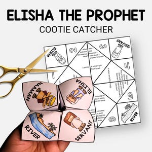 Pode incluir: Um apanhador de cootie "Eliseu o Profeta" feito à mão, com ilustrações e texto. Tesouras douradas estão ao lado do papel dobrado. O texto inclui "Naamã", "Rio" e "Servo".