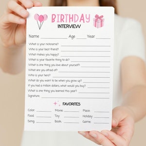 Pink Kids Birthday Interview, All About Me, Annual Interview Questions, Keepsake Form, Printable Questionnaire Activity, Digital Download