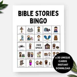 Bibel Bingo, 50 Bibelgeschichten Bingokarten, druckbare Sonntagsschulaktivität für Kinder, religiöses Kirchenspiel, Jugendgruppenspiel