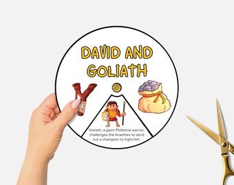 May include: A white circle with black outlines, featuring the text "DAVID AND GOLIATH" in yellow letters. The circle is divided into three sections, each with a different image: a slingshot, a warrior with a shield and spear, and a bag of stones. The text below the images reads: "Goliath, a giant Philistine warrior, challenges the Israelites to send out a champion to fight him."