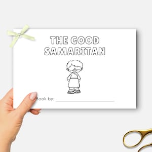 Der barmherzige Samariter, druckbare Mini Bibel Buch, Sonntagsschule Handwerk, Kinder Bibelstunde Malbuch, halbseitige Bibelgeschichte Aktivität