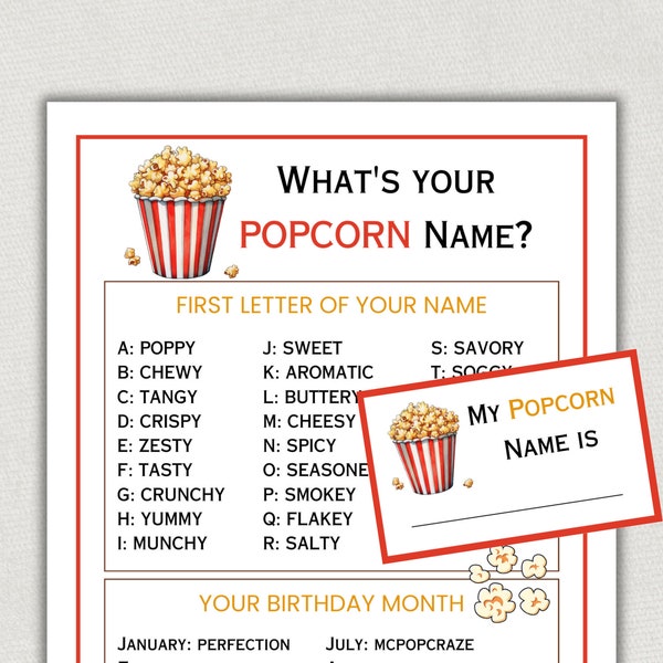 Whats Your Popcorn Name, Name Sign & Tags, Birthday Party Game, Icebreaker, Popcorn Party, Popcorn Bar, Movie Night Activity