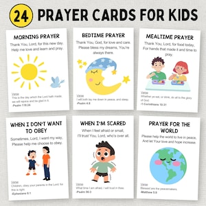 May include: A set of 24 prayer cards for children. Each card has a different prayer, including morning, bedtime, and mealtime prayers. The cards feature colourful illustrations and Bible verses. The text "24 Prayer Cards for Kids" is at the top.
