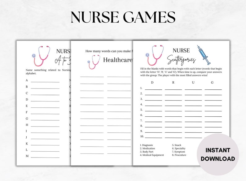 15 Printable Nurse Party Games, Nursing Theme, Fun Graduation Games