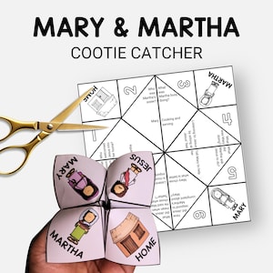 May include: A handmade "Mary & Martha" cootie catcher with illustrations and text. The game is held by a hand, with gold scissors nearby. The text includes "Mary & Martha" and "Cootie Catcher".