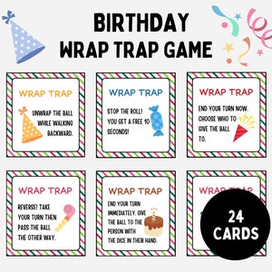 Juego de pelota con film transparente, juego de dados de cumpleaños imprimible, trampa para envolver, divertido juego de fiesta de cumpleaños, juego de intercambio de regalos, pasa el regalo, pasa el premio