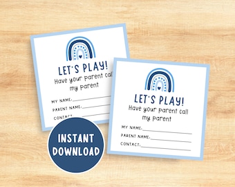 Tarjetas para citas de juego, tarjetas de presentación infantiles adorables, tarjetas de visita para niños con el lema "¡A jugar!", tarjeta de contacto para invitación a una cita de juego con amigos, descarga digital.